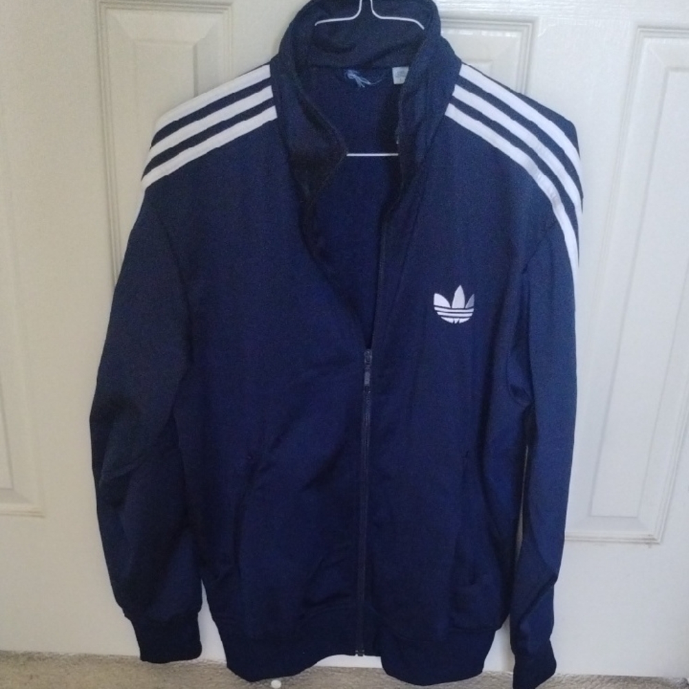 Adidas Men's Navy Windbreaker and Pants with White Stripes